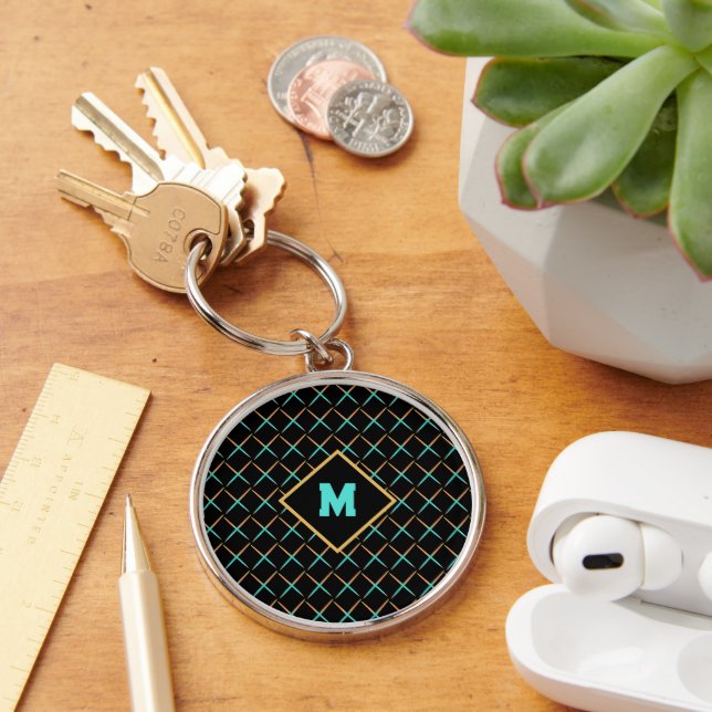 black mid century modern abstract retro initial key ring (Desk)