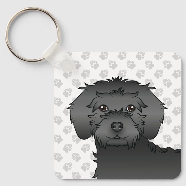 Black Mini Goldendoodle Cartoon Dog & Name Key Ring (Front)