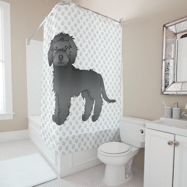 Black Mini Goldendoodle Cute Cartoon Dog & Paws Shower Curtain (In Situ)