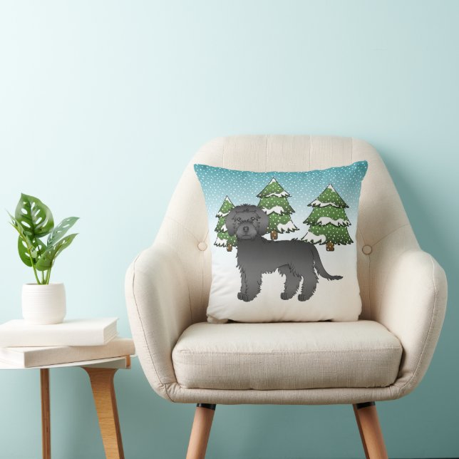 Black Mini Goldendoodle Dog In A Winter Forest Cushion (Chair)