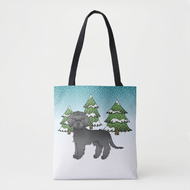 Black Mini Goldendoodle Dog In A Winter Forest Tote Bag (Front)