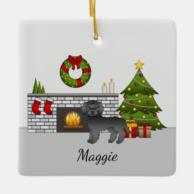 Black Mini Goldendoodle - Festive Christmas Ceramic Ornament (Front)