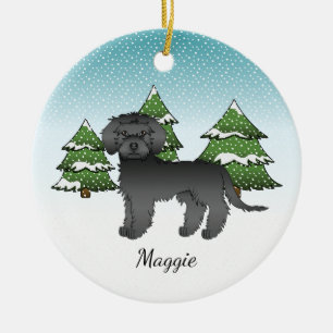 Black Mini Goldendoodle - Winter Forest & Name Ceramic Tree Decoration