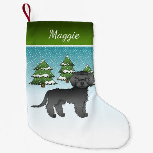 Black Mini Goldendoodle - Winter Forest & Name Small Christmas Stocking