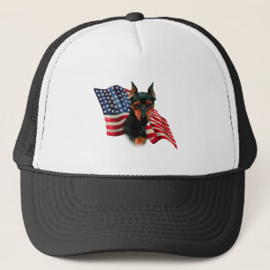 Black Miniature Pinscher American Flag; Min Pin Trucker Hat