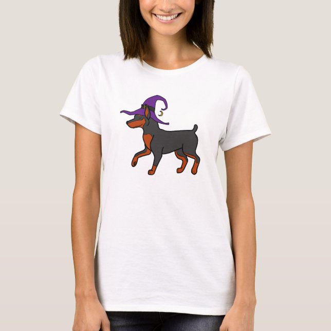 Black Miniature Pinscher with Witch Hat T-Shirt (Front)