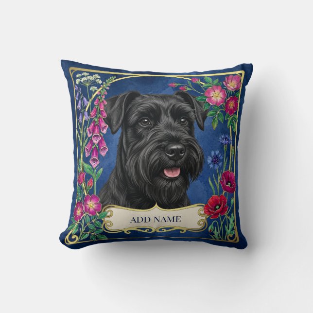 Black Miniature Schnauzer On Blue Cushion (Front)