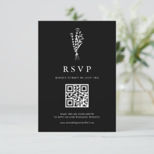 Black Minimailist Bouquet QR Code Wedding RSVP Card