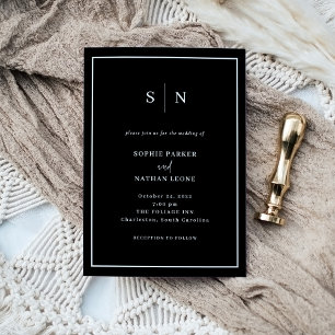Black Minimal and Chic White Border Wedding Invitation
