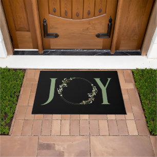 Black Minimal Botanical Watercolor Wreath Joy Doormat