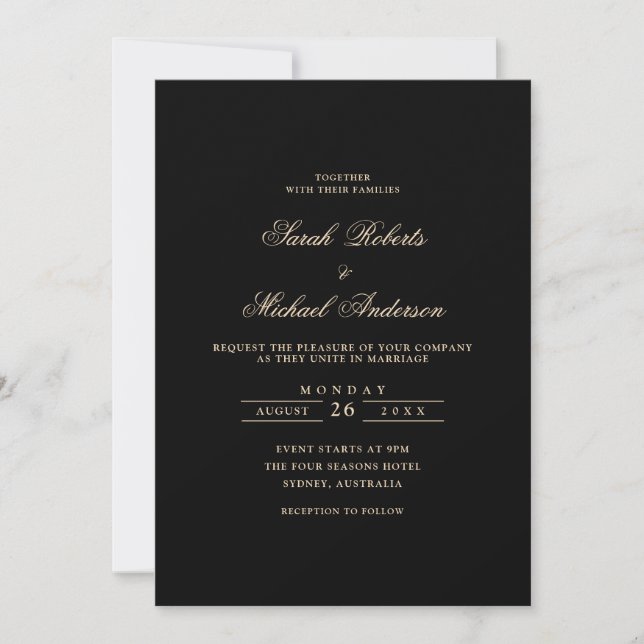 Black Minimal Calligraphy Gold Script Wedding Invitation (Front)