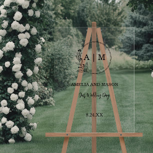 Black Minimal Floral Monogram Wedding Acrylic Sign