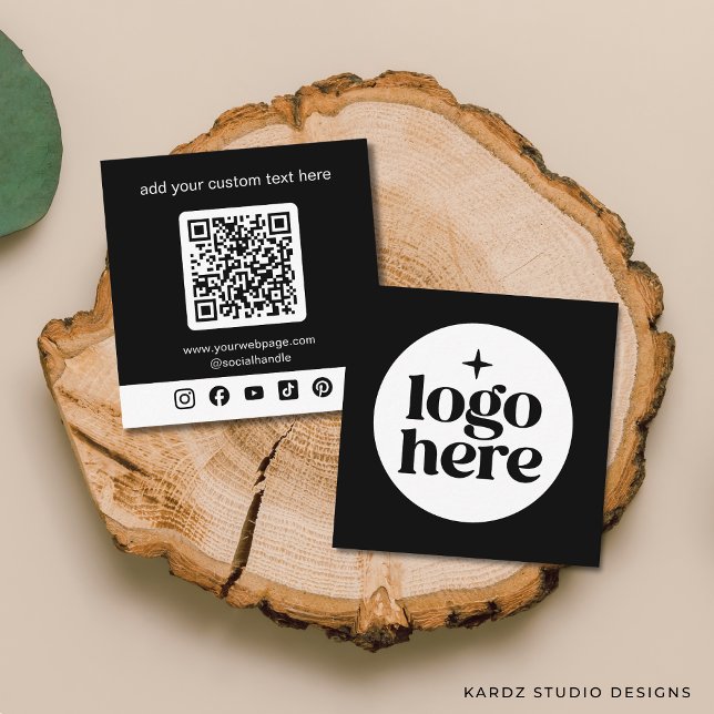 Black Minimal Logo QR Code Social Media Square Business Card (Add your logo, customize social media icons and enter URL to create QR Code. Choose corner + paper.)