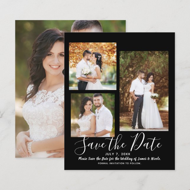 Black Minimal Modern Wedding Photo Save the Date (Front/Back)