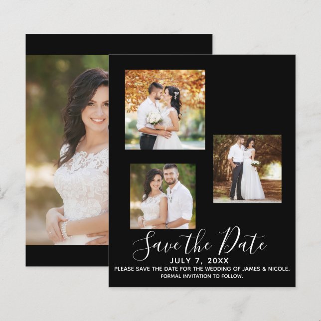 Black Minimal Modern Wedding Photo Save the Date (Front/Back)