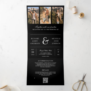 Black Minimal Photo Collage QR Code Wedding Tri-Fold Invitation