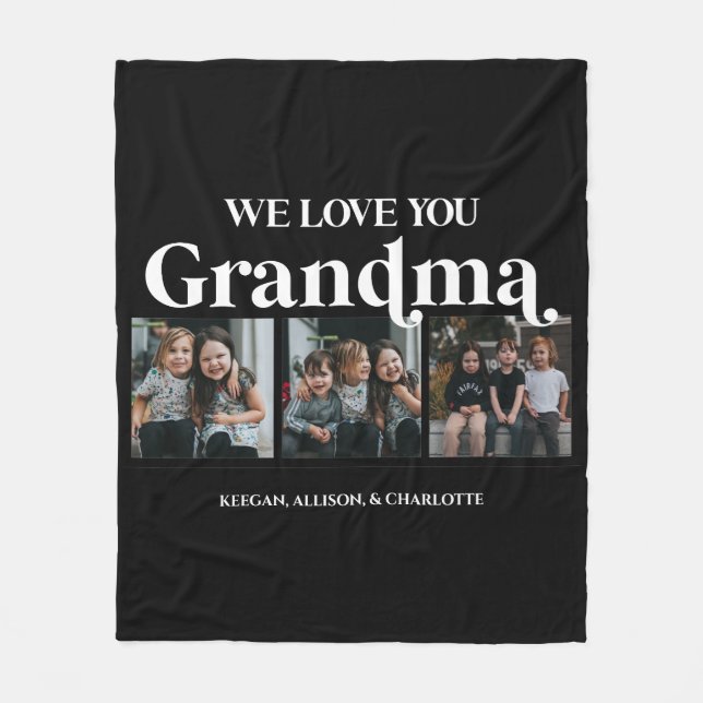 Black Minimal Retro We Love You Grandma 3 Picture  Fleece Blanket (Front)