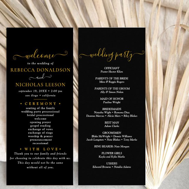 Black Minimal Script Text Wedding Program Rack Card (Creator Uploaded)