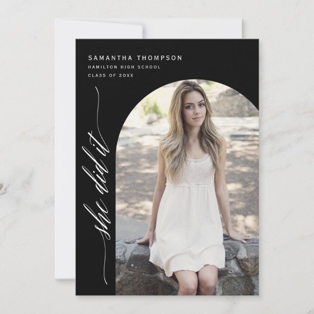 Black Minimal She Did It Graduation Arch Photo Inv Invitation (Front)