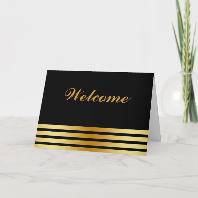 Black Minimal with Gold Stripes Welcome Card (Front)