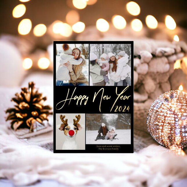 Black minimalist 5 photos Happy new year 2024 (Black minimalist 5 photos Happy new year 2024 Foil Holiday Card)