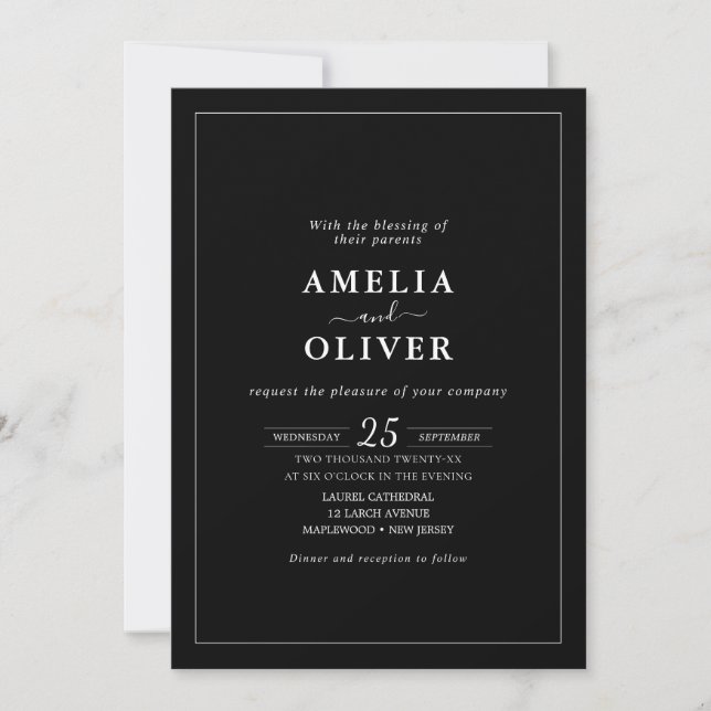 Black Minimalist All-In-One Wedding Invitation (Front)