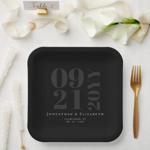 Black Minimalist Bold Type Wedding Paper Plate
