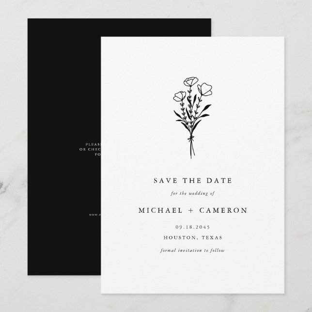 Black Minimalist Botanical Bouquet QR Code Save The Date (Front/Back)