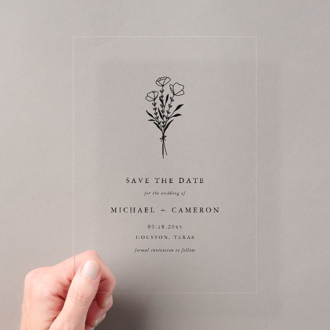 Black Minimalist Botanical Save the Date Acrylic Invitations (Insitu (Handheld))
