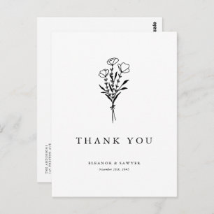 Black Minimalist Bouquet Photo Wedding Thank You Postcard
