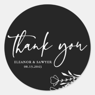 Black Minimalist Bouquet Wedding Thank You Classic Round Sticker