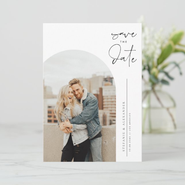 Black Minimalist Calligraphy Photo Save The Date (Standing Front)