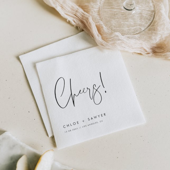 Black Minimalist Cheers Handwritten Script Wedding Napkin (Minimal and modern, these wedding napkins feature “Cheers!” in calligraphy paired with a clean font.)