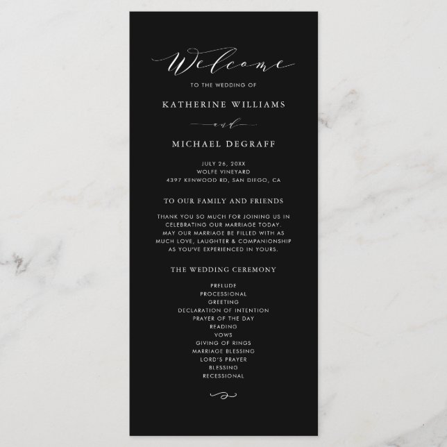 Black Minimalist Dainty Script Wedding Ceremony Programme (Front)