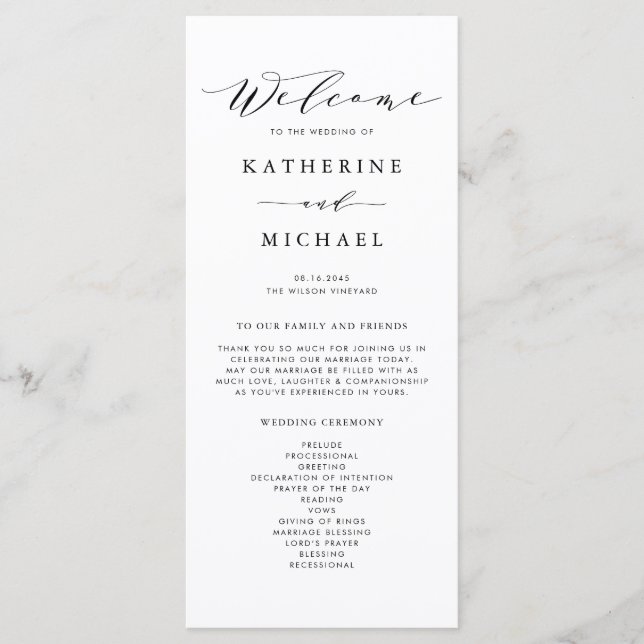 Black Minimalist Dainty Script Wedding Ceremony Programme (Front)