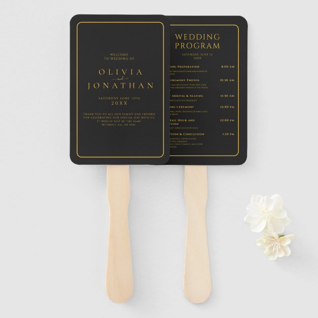 Black Minimalist Elegant Wedding Programs Hand Fan (Front and Back)