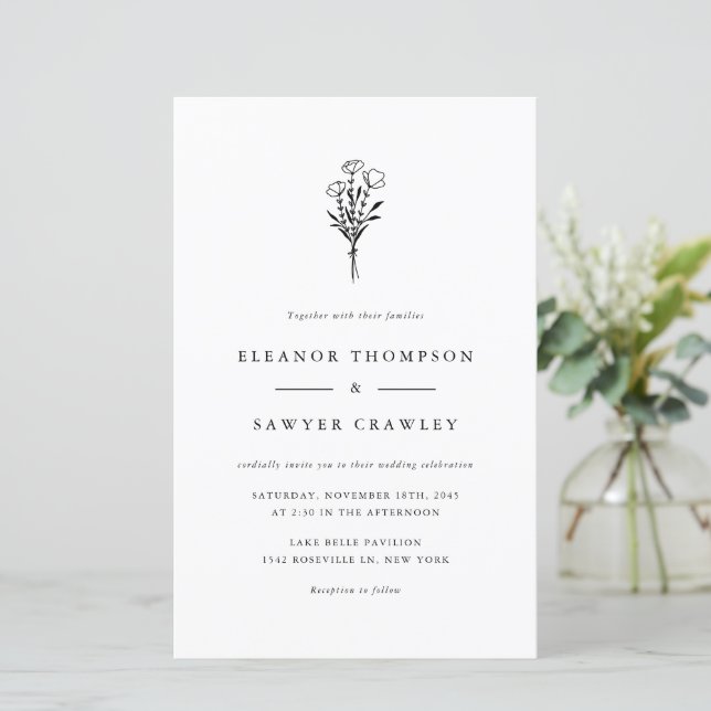 Black Minimalist Floral Bouquet Wedding Invitation (Standing Front)
