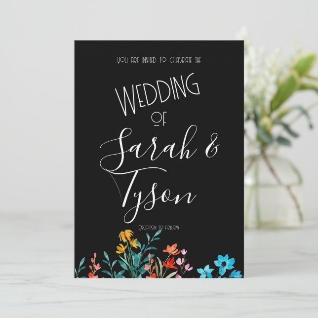 Black Minimalist Floral Wedding Reception with  Invitation (Standing Front)