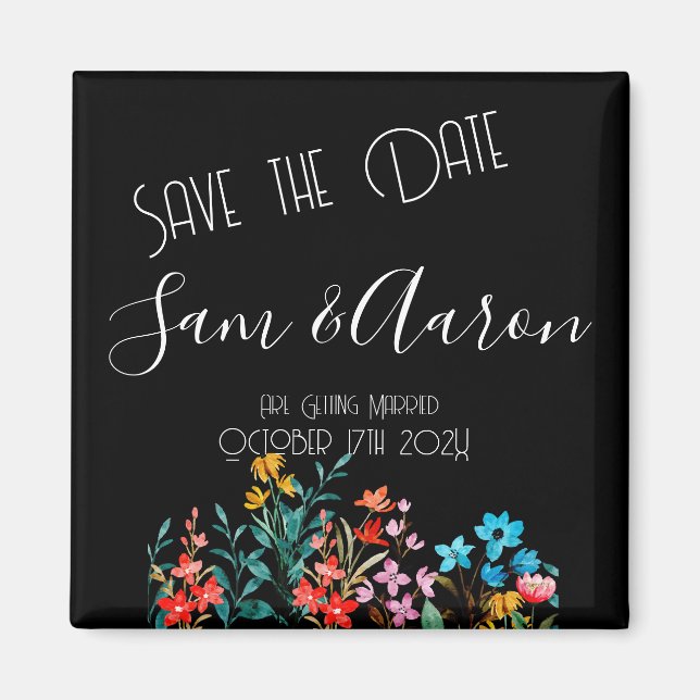 Black Minimalist Floral Wedding Save the Date Magnet (Front)