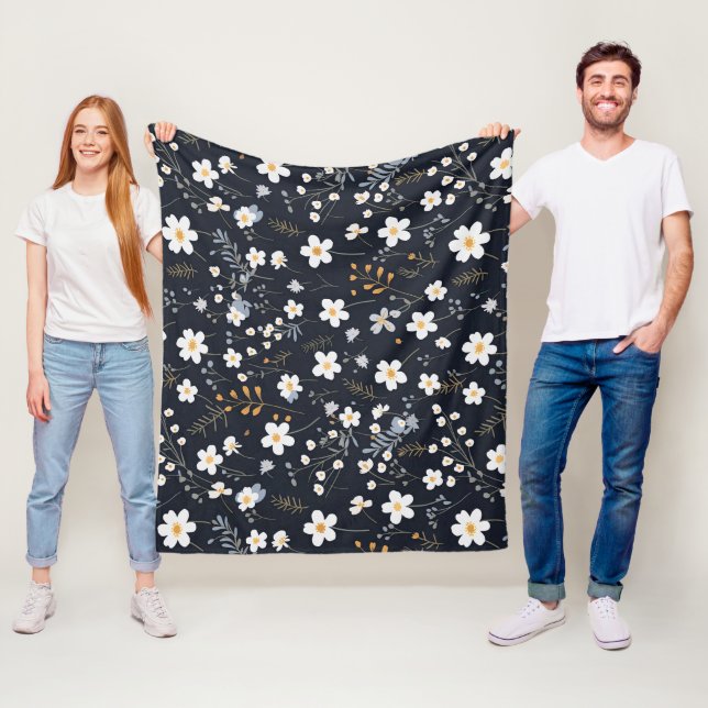 Black Minimalist Gentle Garden Wildflowers Nursery Fleece Blanket (In Situ)