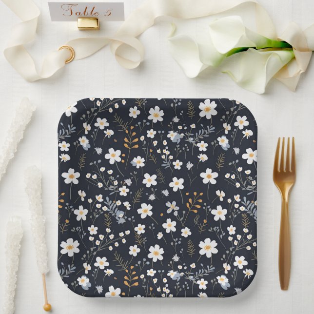 Black Minimalist Gentle Garden Wildflowers Nursery Paper Plate (Wedding)