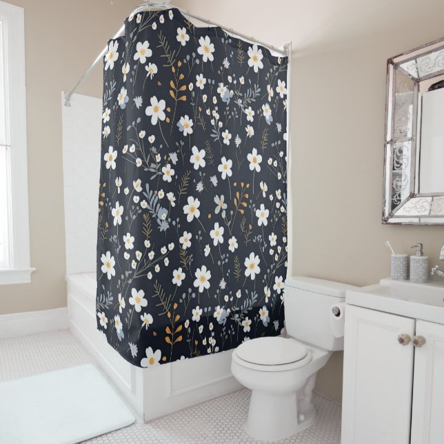 Black Minimalist Gentle Garden Wildflowers Nursery Shower Curtain (In Situ)
