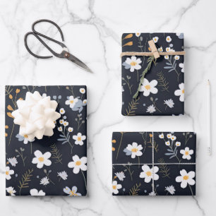 Black Minimalist Gentle Garden Wildflowers Nursery Wrapping Paper Sheet