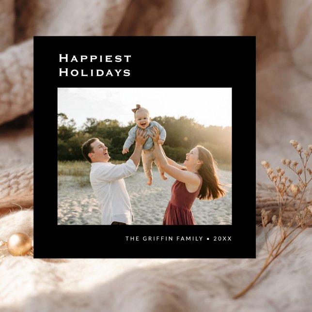 Black Minimalist Happiest Holidays Family Photo Holiday Card (Creator Uploaded)