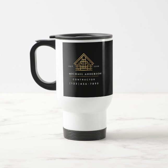 Black Minimalist Home Building Construction Travel Mug (Left)