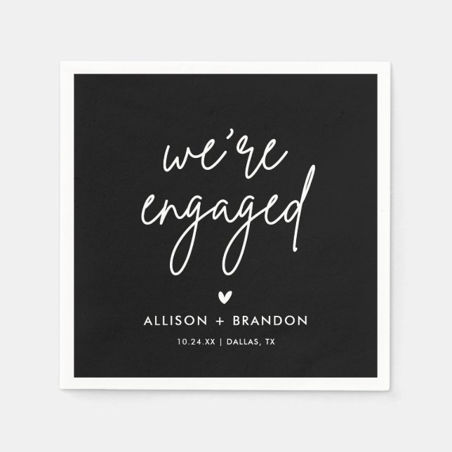 Black Minimalist Modern Engagement Party Engaged Napkin (Front)