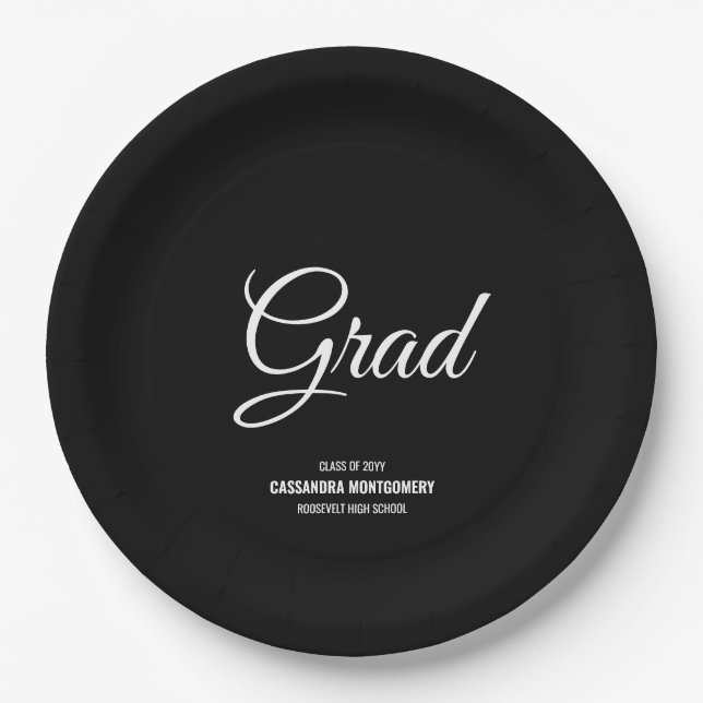 Black Minimalist Modern Graduation Party Paper Plate (Front)