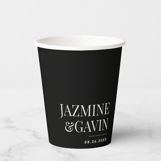 Black Minimalist Modern Personalised Wedding Paper Cups (Front)
