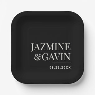 Black Minimalist Modern Personalised Wedding Paper Plate