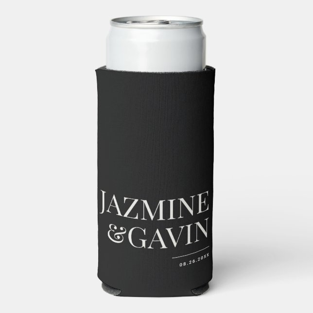 Black Minimalist Modern Personalised Wedding Seltzer Can Cooler (Seltzer Back)